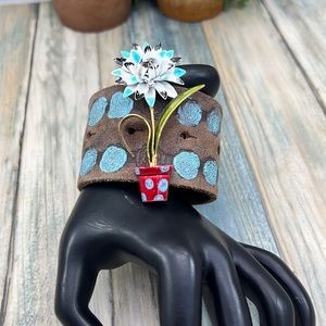 🌟👑Adorned Crown enamel flower blue dot artisan assemblage leather bracelet